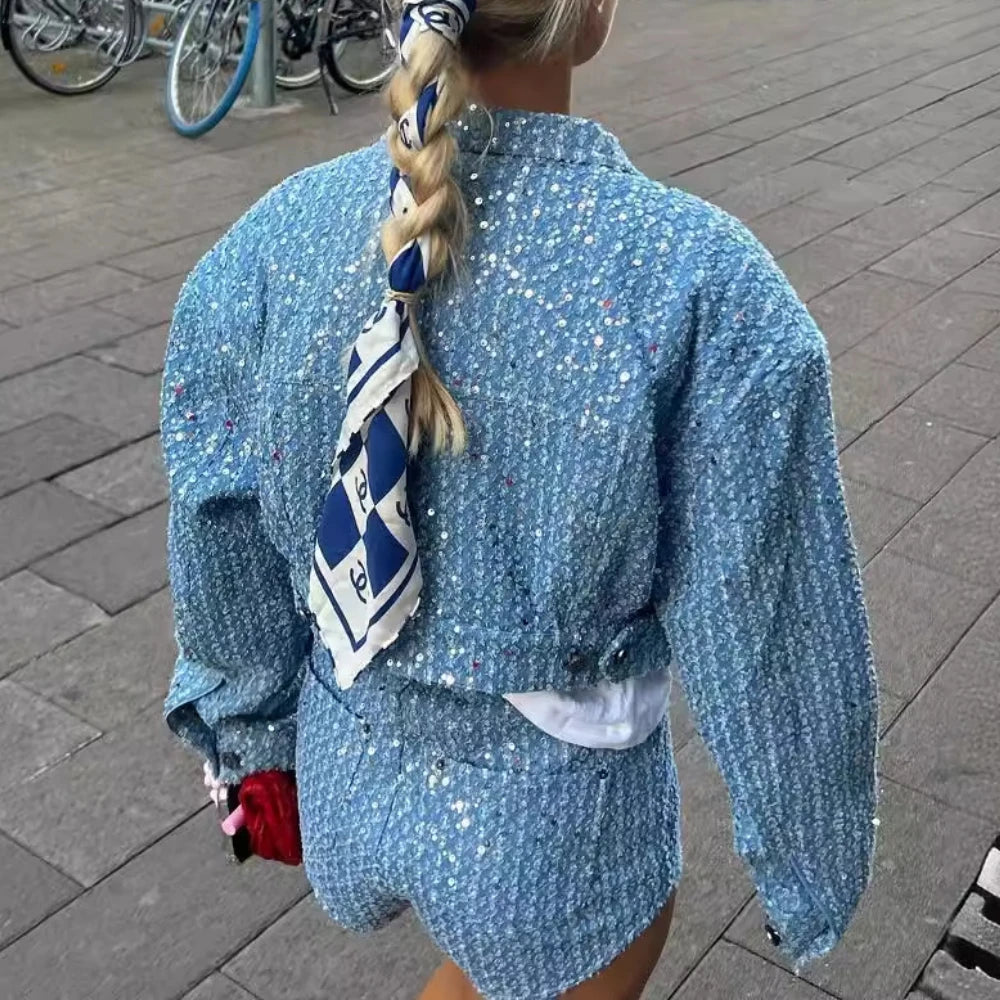 TWOTWINSTYLE Slimming Two Piece Set for Women Lapel Long Sleeve Spliced Sequins Jackets High Waist Patchwork Pockets Pant Female