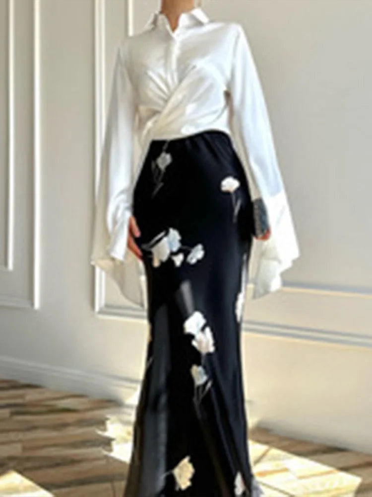 Elegant Blouse Skirt Sets Women Lace Up Lapel Long Flare Sleeve Button Shirts Fishtail Skirt Autumn Suits 2025 New...