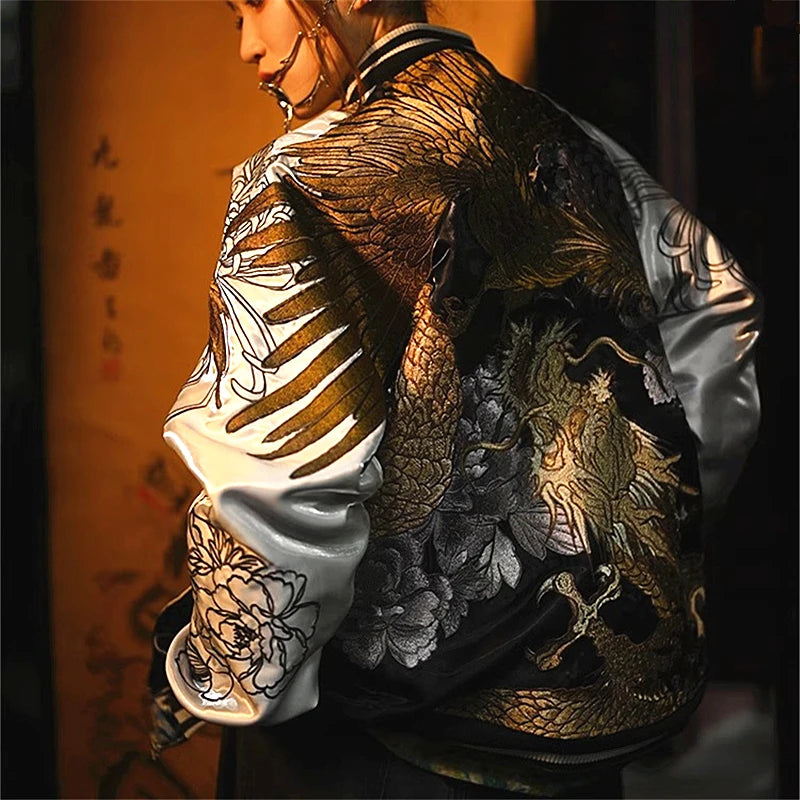 2024 Dragon Peony Chrysanthemum Phoenix Suzaku Embroidered Original Yokosuka Sukajan Souvenir Jackets High Street Men Boys Loose - Kimlud