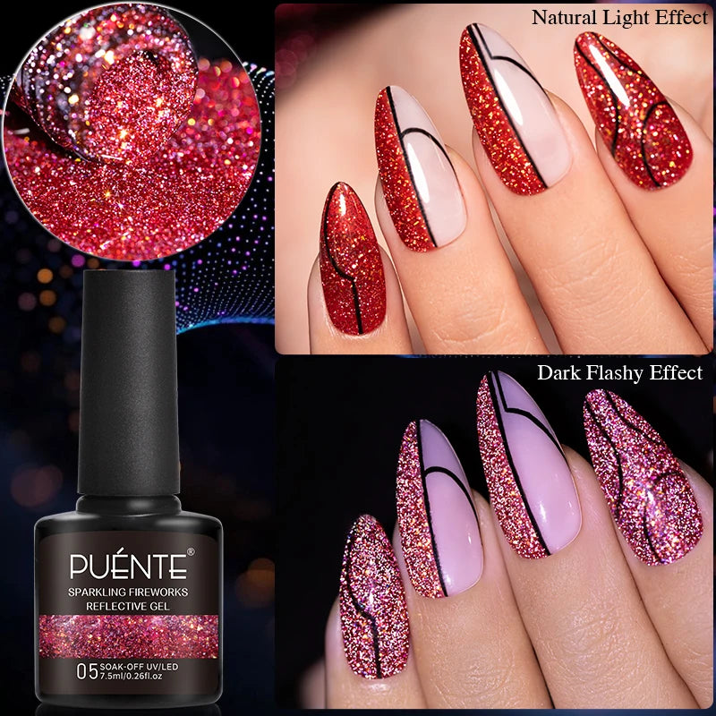 7.5ML Sparkling Reflective Glitter Gel Nail Polish Pink Purple Red Blue Colors Dark Flashing Nail Gel Soak Off UV Nail Varnish