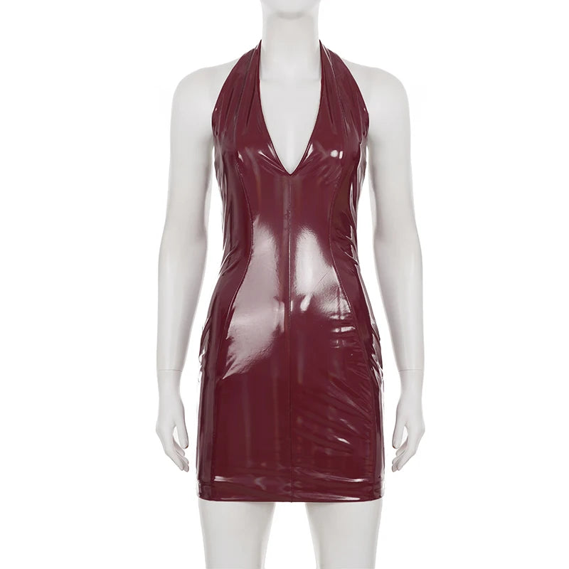 Sexy Pu Leather Bodycon Dress Slim-Deep V-Neck Sleeveless Backless Mini Dresses For Women 2025 Summer Fashion Streetwear...
