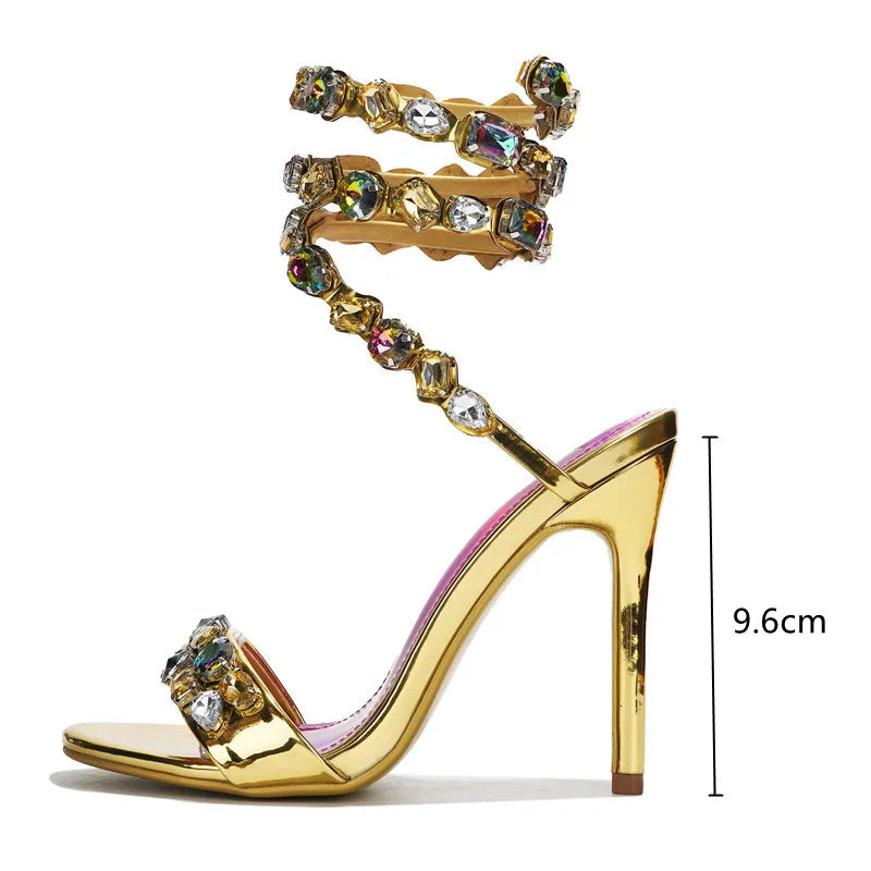 Star style Luxury Crystal Embellished Wraparound Women Sandals Stiletto High heels Gladiator Sandals Summer Wedding Prom Shoes - Kimlud