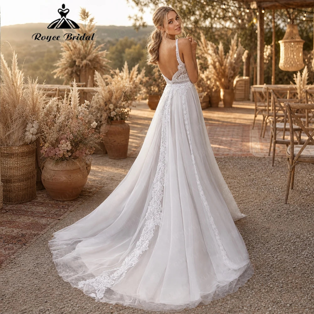 RoyceBridal A Line Wedding Dress V Neck Lace Applique Low Back Tulle Sweep Train Bridal Gown Vestido De Novia Customized - Kimlud