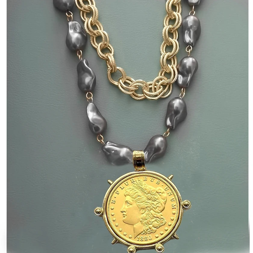 2025 chunky layer Jewelry Luxurious imitation grey pearl exaggerate coin charm pendant Clasps Carabiner Necklace...