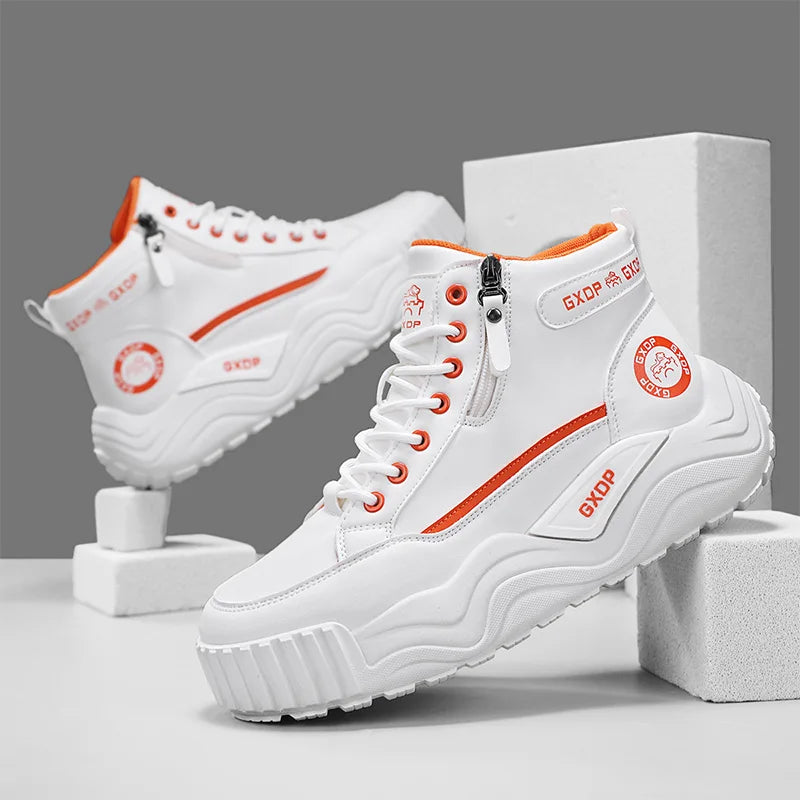 Men's High Top Leather Sneakers Thick Soled for Height Increase Slip Resistant and Wear Resistant Versatile Casual Sports Shoes