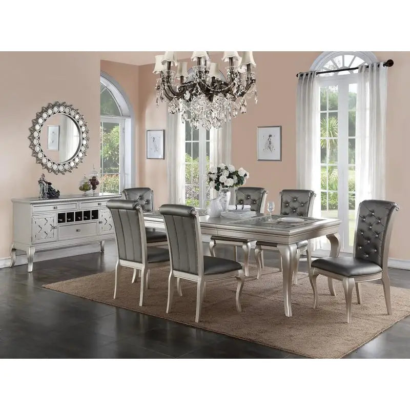 7pc Rect. Glass Dining Table Set w/ Silver Hue & 6 Tufted Side Chairs for Dining Room - Kimlud