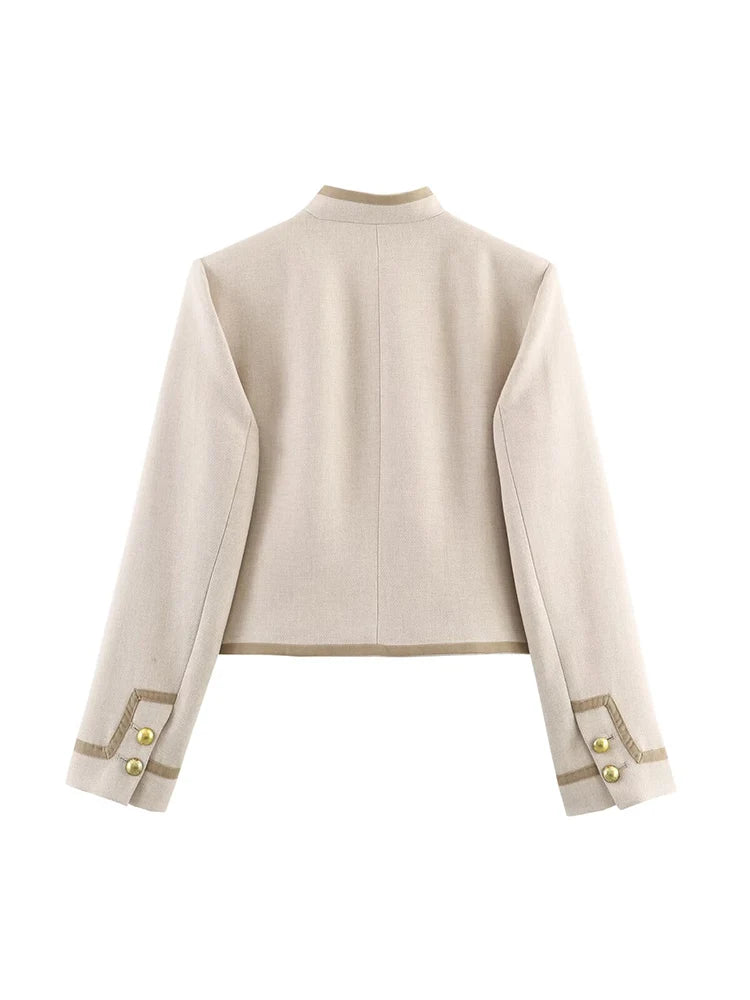 TFMLN Vintage Button Jacket For Women Stand Collar Autumn New Slim Casual Shoulder Pad Outerwear Ladies Short Coat 2025