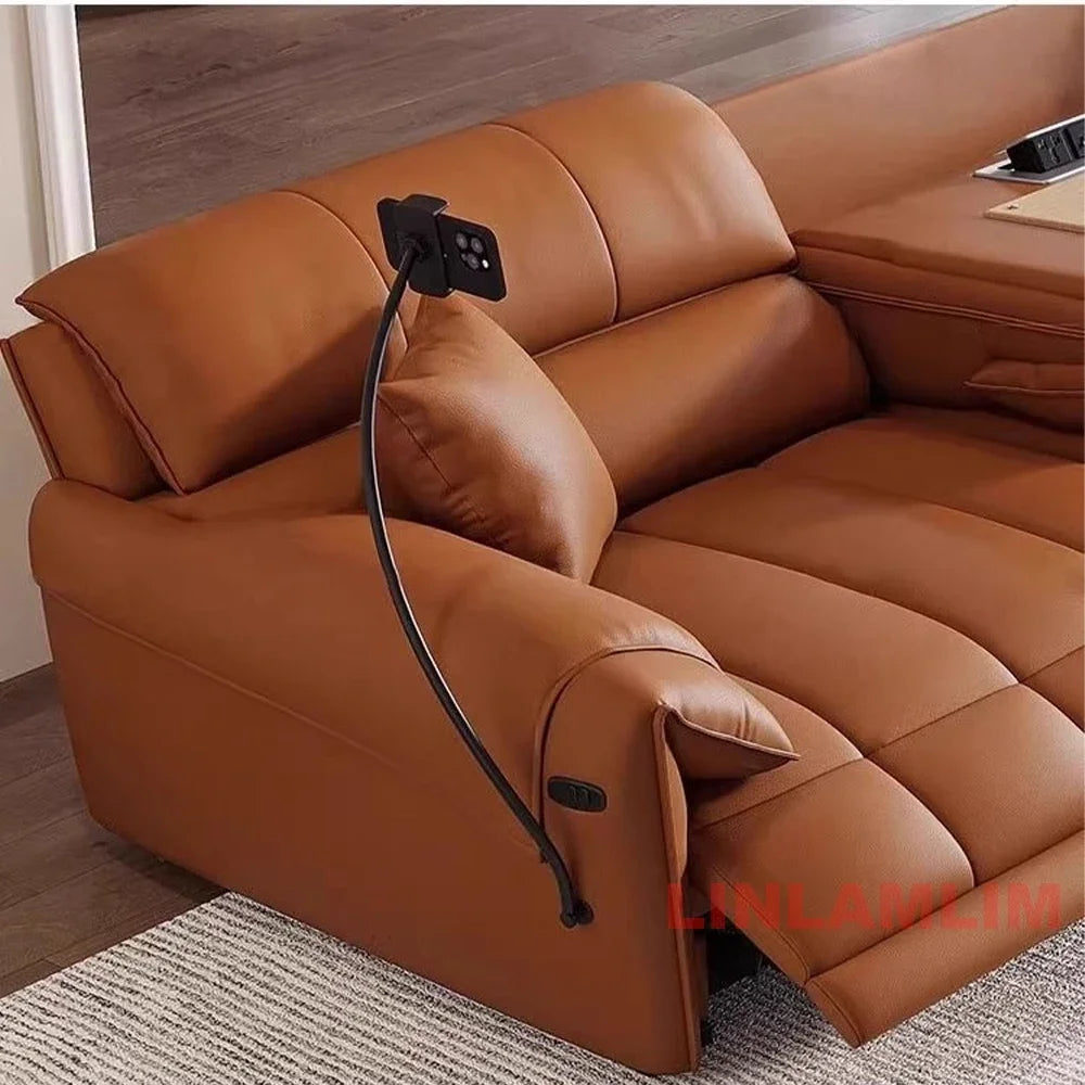 Modern Electric Reclining Sofa with Adjustable Footrest, USB, and Foldable Center Console – Italian Genuine Leather Power Sofa