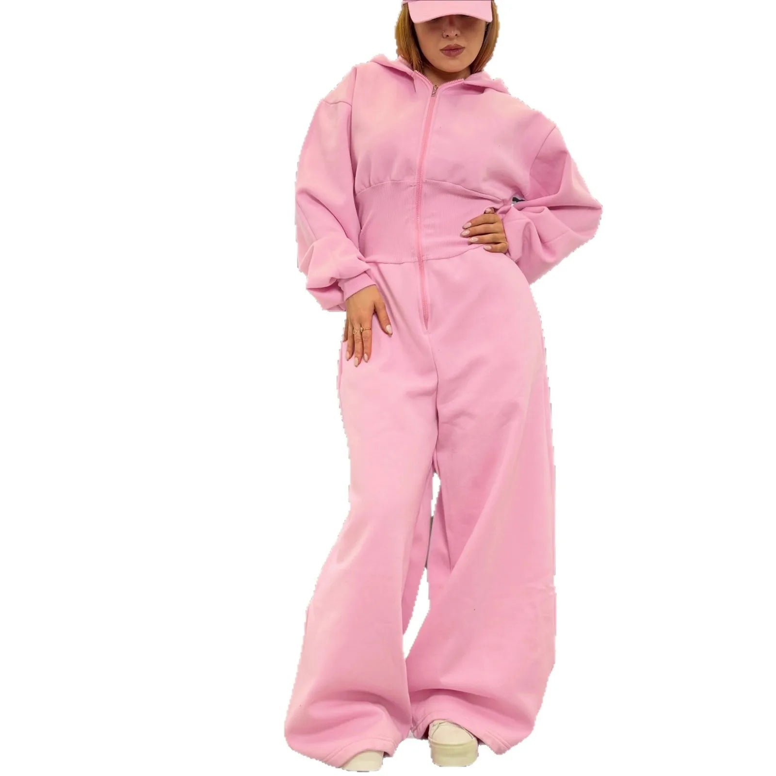 Women's Hooded Zipper Elastic Waist Jumpsuit Long Pants Sports Casual Solid Color Comfortable Casual Cross-Border Style