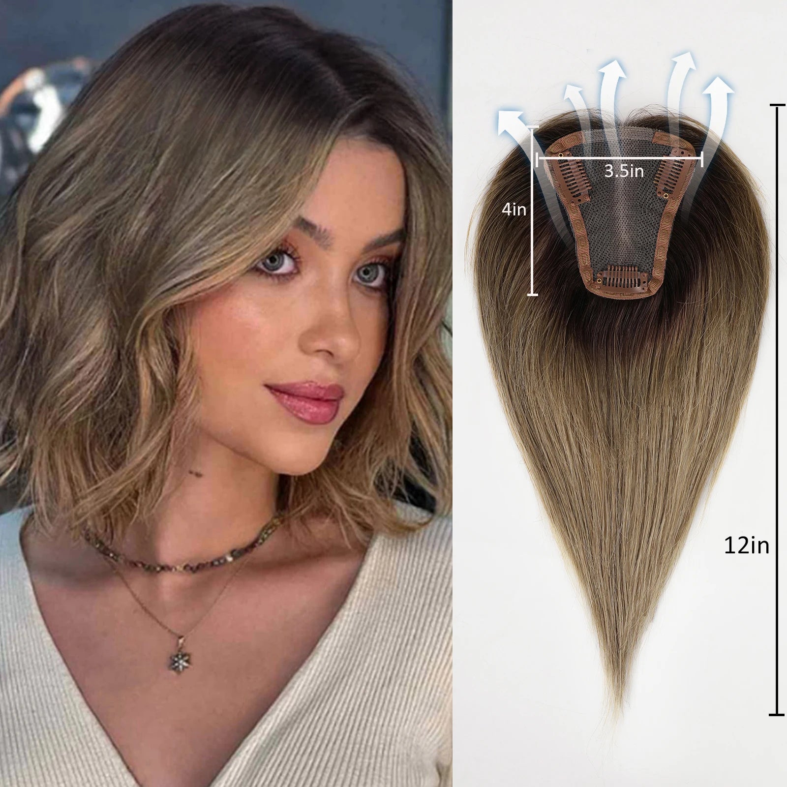 Ash Gray Brown 100% Remy Human Hair Toppers Clips In Hair Lace Base Topper Hairpieces for Women Hair Extensions 12 Inch Straight