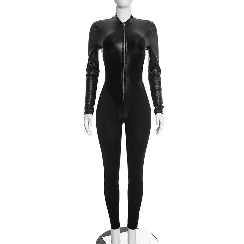 Fashion Black PU Leather Patchwork Skinny Jumpsuits Women O-neck Full Sleeve Zipper Booty Lifting Slim Fit Casual Overalls - Kimlud
