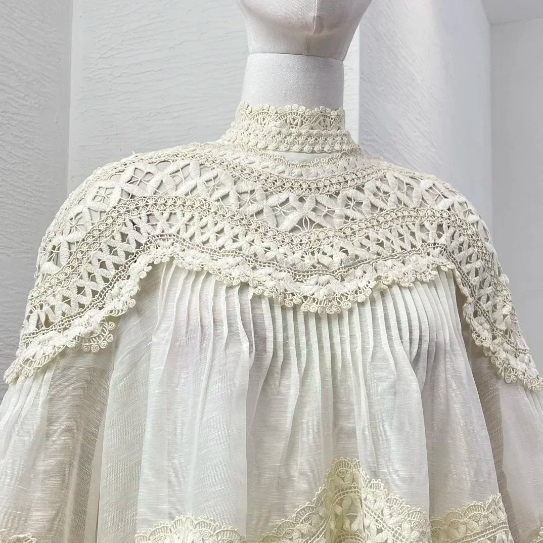 Linen Silk High Quality New Arrivals Hollow Out Long Lantern Sleeve Braid Embroidery Women Vintage Loose Blouse Tops