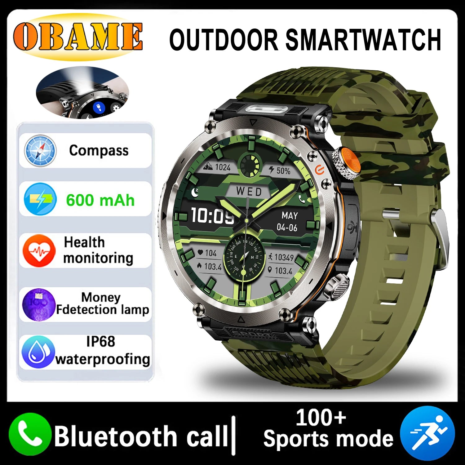 New 5ATM Outdoor Smart Watch Men 600mAh LED Flashlight SmartWatch Compass Bluetooth call Heart rate IP 68 Sports Smartwatch 2025