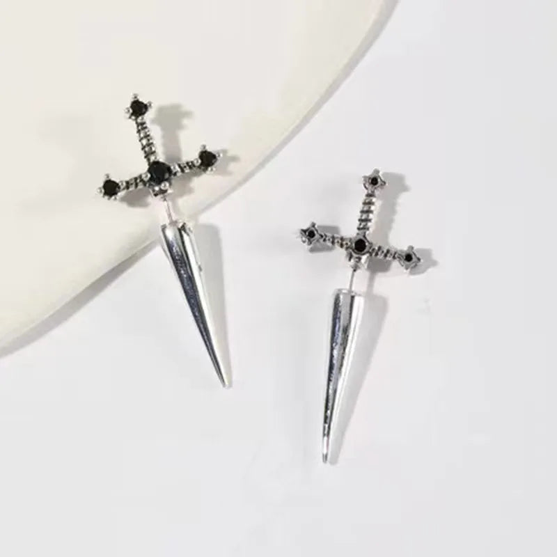 Kiss Jewelry Punk Sword Gothic Kinitial Piercing Earrings for Woman Men Gothic Crystal Ear Jacket Stud Earrings Jewelry - Kimlud