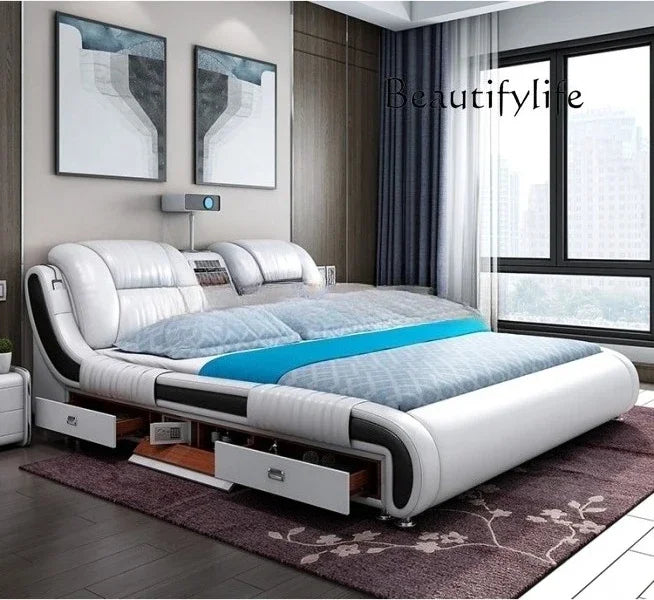 BJ Genuine Leather Bed Multifunctional Beds Ultimate Massage Camas With Bluetooth,Speaker,Safe,Air Cleaner, Projector,Drawers