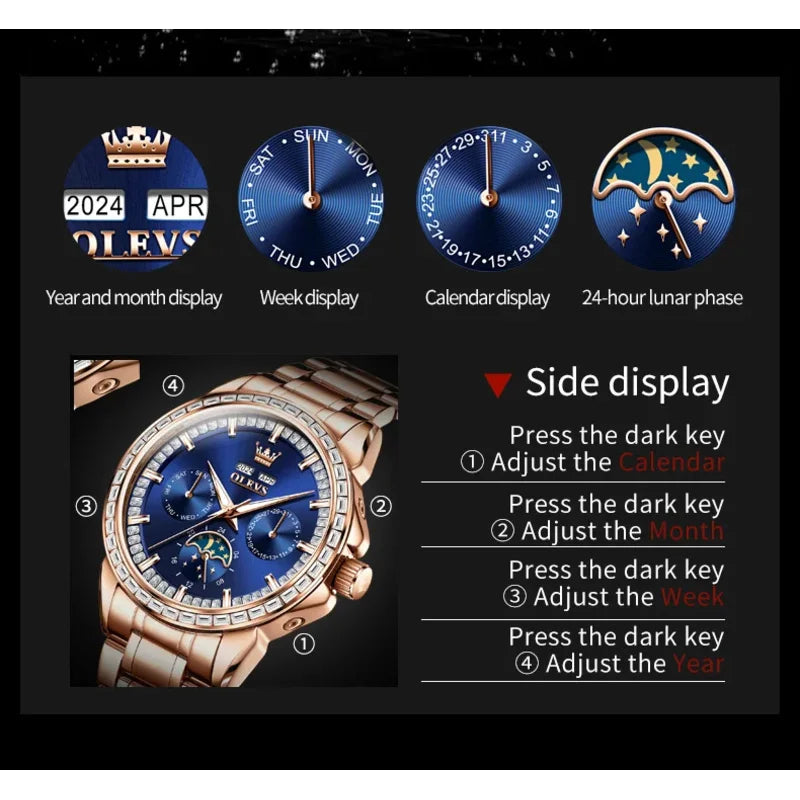 OLEVS 6695 NEW Men's Watches Full Multifunctional Dial Blue Leather Strap Calendar Week Moon Phase Waterproof Wristwatch...