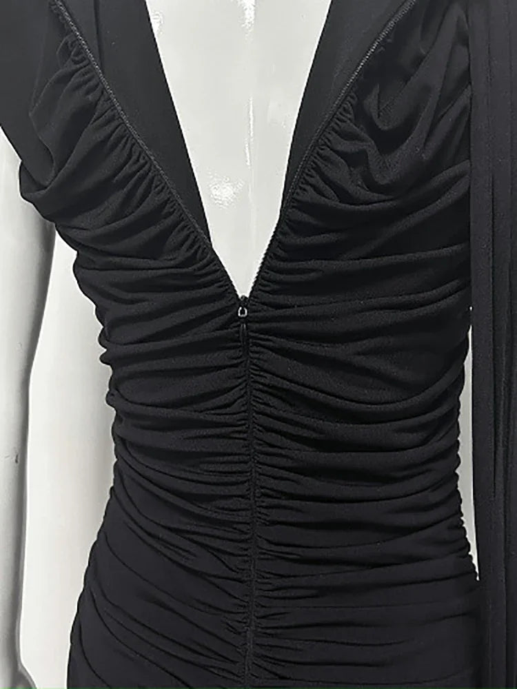 Sexy O Neck Tassel Patchwork Folds Long Dress Women Black Sleeveless Ruched Bodycon Slim Dresses Celebrity Evening Party...