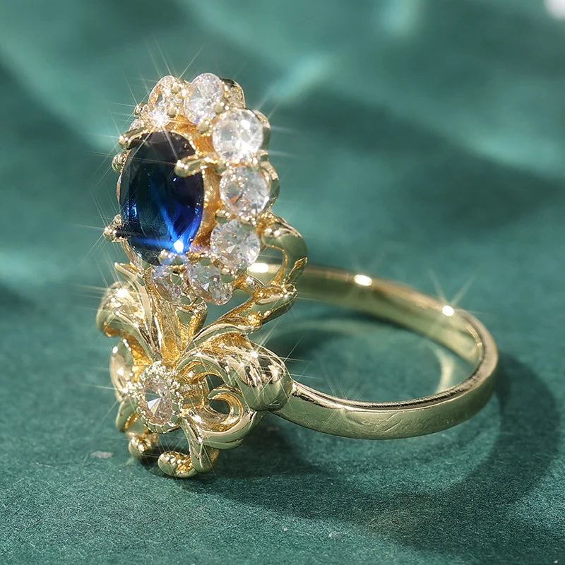 Gorgeous Palace Style Inlaid Synthetic Zirconia Golden Plated Ring for Women Vintage Elegant Banquet Festival Jewelry...