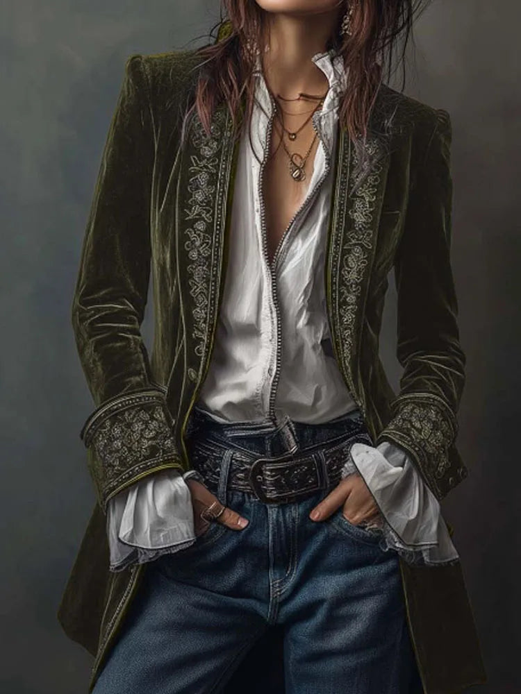 Autumn Causal Long Sleeve Women's Outercoat Winter Elegant Patchwork Lace Velvet Slim Coat Vintage Pattern Print Cardigan Jacket