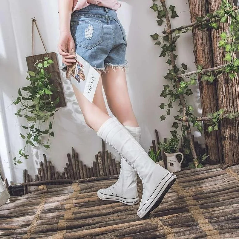 2025 New High Top Canvas Shoes for Women's Korean Edition Long Boot Lace-Up Zipper Comfortable Boot Zapatos De Mujer Tendencia