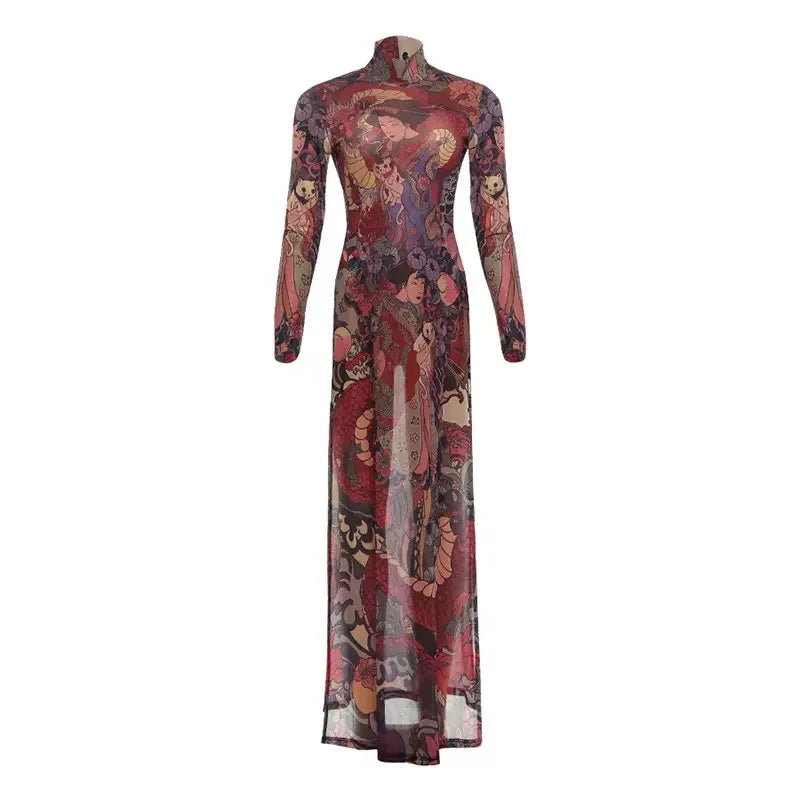 Spring New Women's Long Sve High Collar Plant Print Maxi Top Faionable Individuatic f High Ne Long Open Split Top
