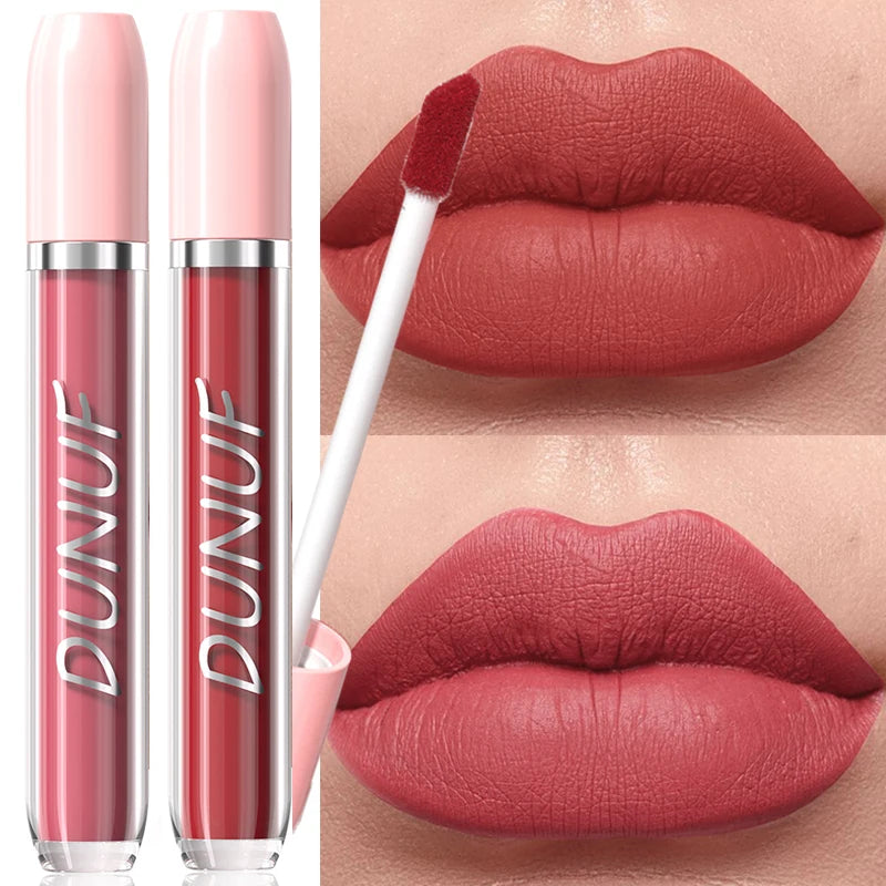 DUNUF 1Pc Matte Lip Gloss Bean Paste Liquid Lipstick Long-Lasting Waterproof Easy To Color Non-Fading Sexy Red Matte Lip Glaze