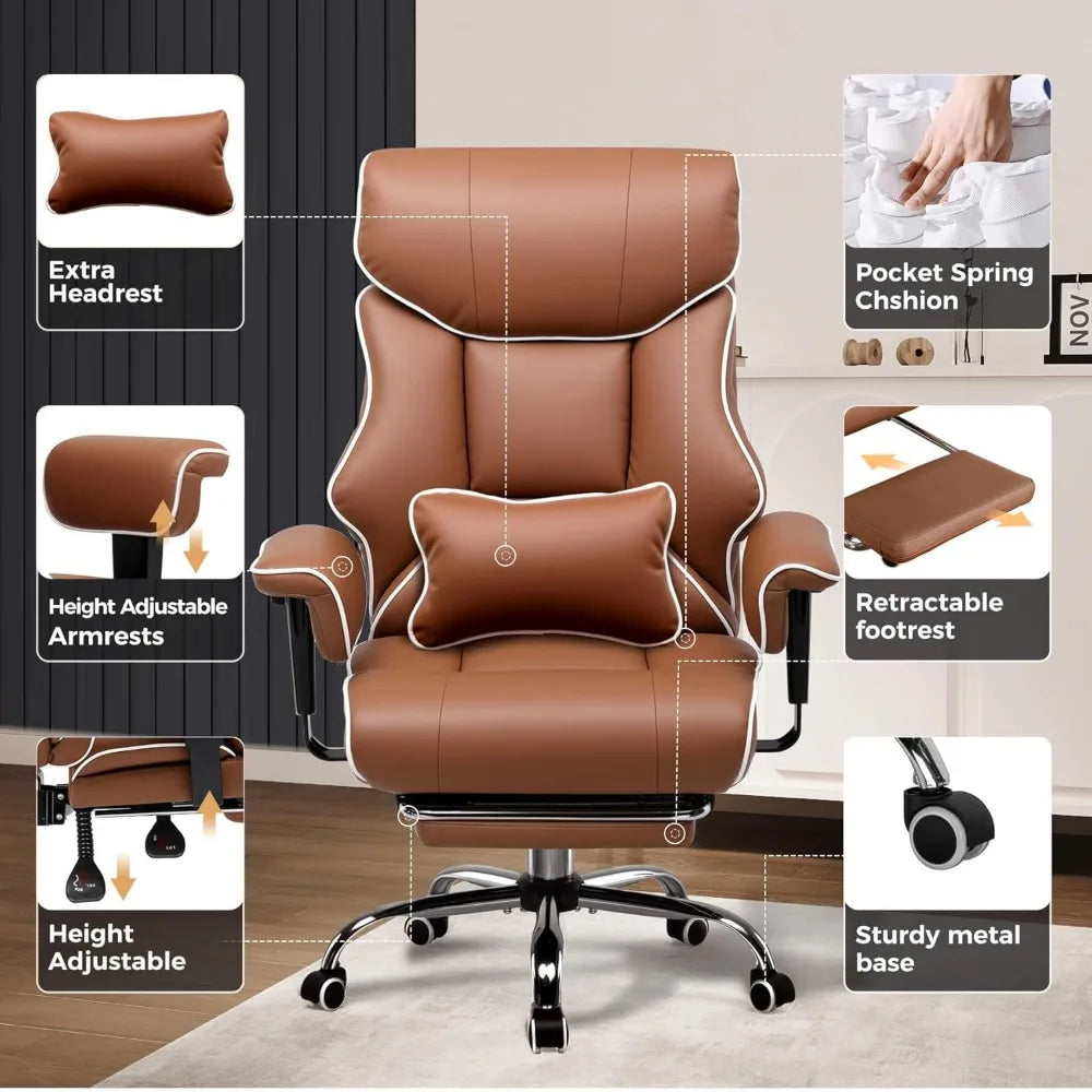 Big and Tall Office Chair 400lbs High Back Leather Executive Chair with Ergonomic Lumbar Support & Pocket Spring Cushion for Lo