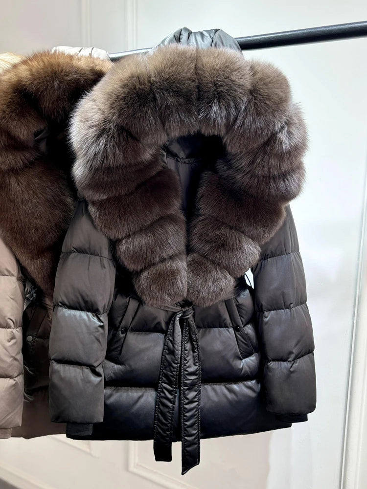 2025 New Natural Thick Warm 90% White Goose Down Coat Long Winter Jacket Women Real Big Fox Fur Collar Belt Loose Puffer Parka