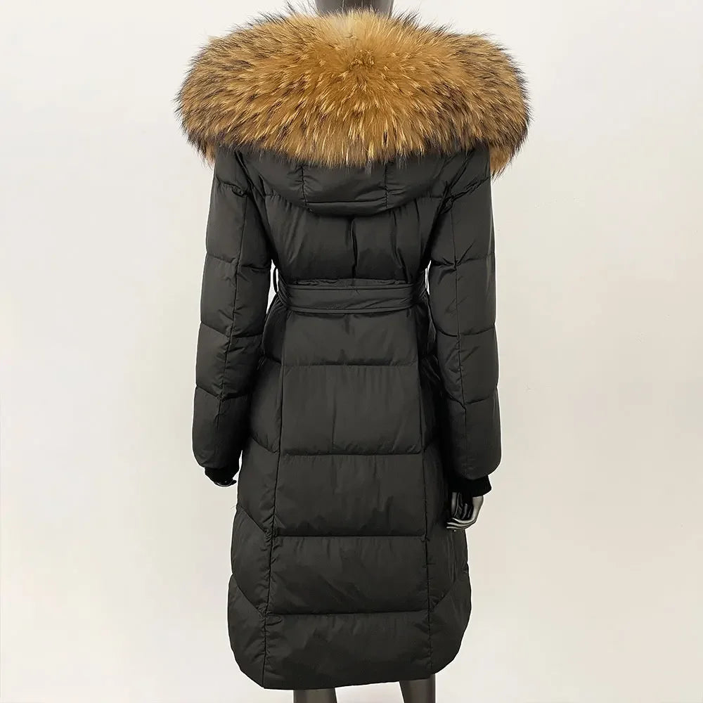 CXFS New Real Raccoon Fox Fur Collar Hooded Natural Long Winter Jacket Women 90 White Duck Down Coat Thick Warm Casual Outerwear