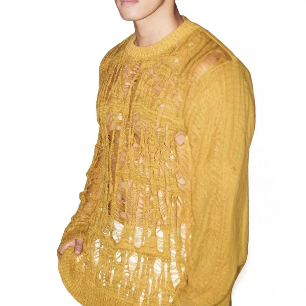 Men Tops Hollow-Out Mesh Knit Tops Crew Neck Long Sleeve Knitted T-Shirt Men Clothing Retro T-Shirt Spring Streetwear - Kimlud
