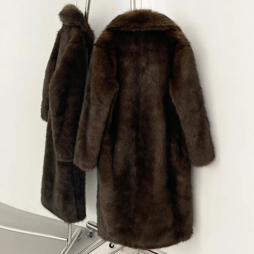 OFTBUY Long Faux Fur Jacket Fashion European Style Lapel Fur Coat Eco-friendly Covered Button Loose Casual Women Coats Winter