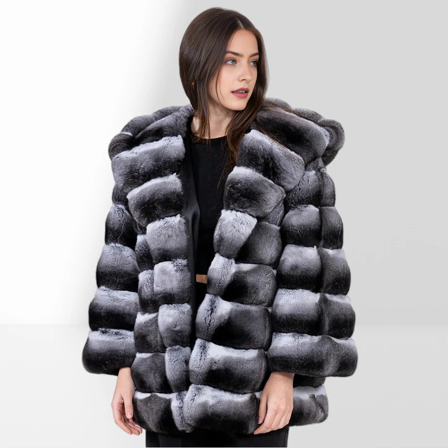 Women's Winter Jacket Real Rex Rabbit Fur Jacket With Hood Chinchilla Color Fur Coat High Quality Genuine Leather Jackets