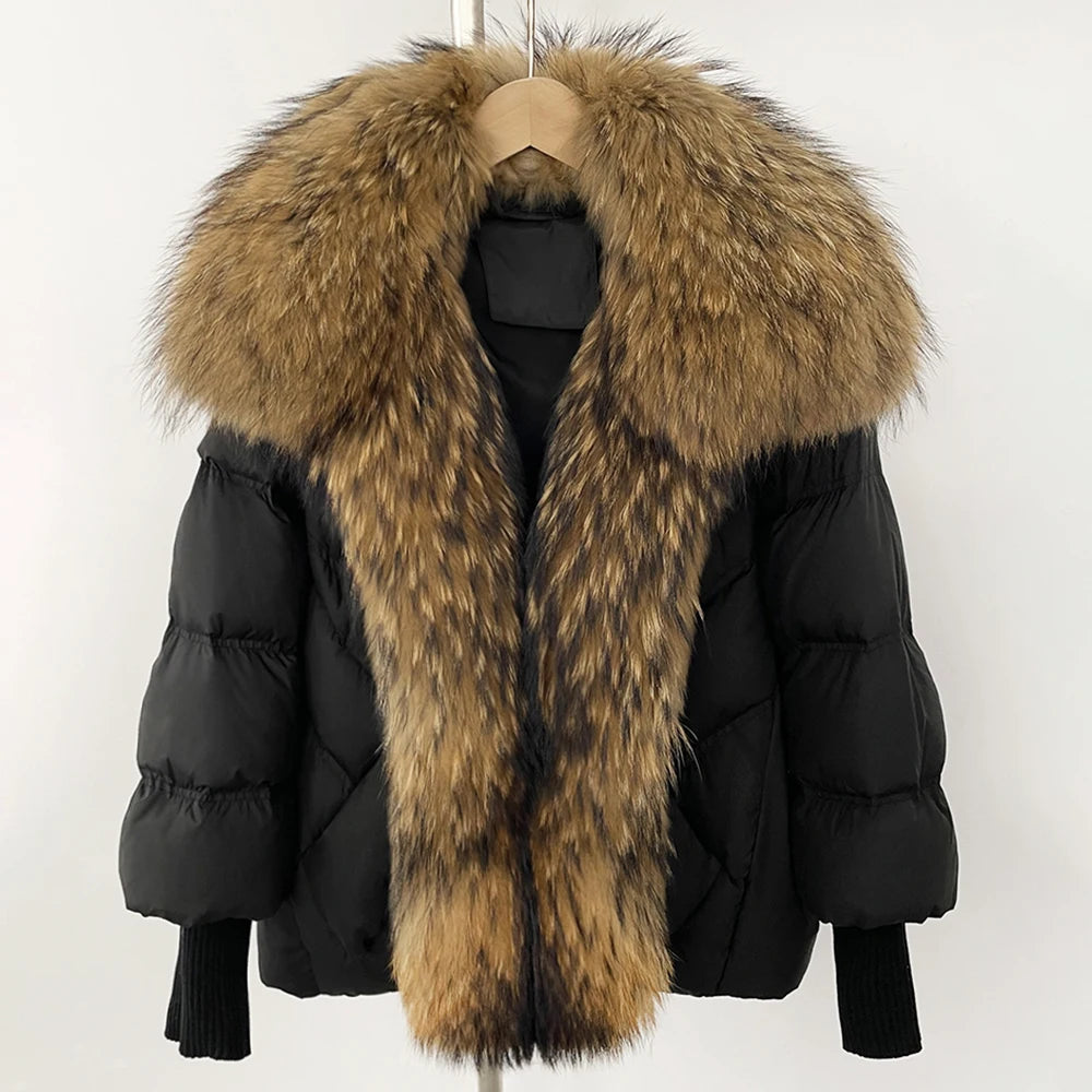 OFTBUY Large Real Raccoon Fur Jacket Knit Sleeve Real Fur New Winter Puffer Jacket Women White Duck Down Coat Oversized Feather