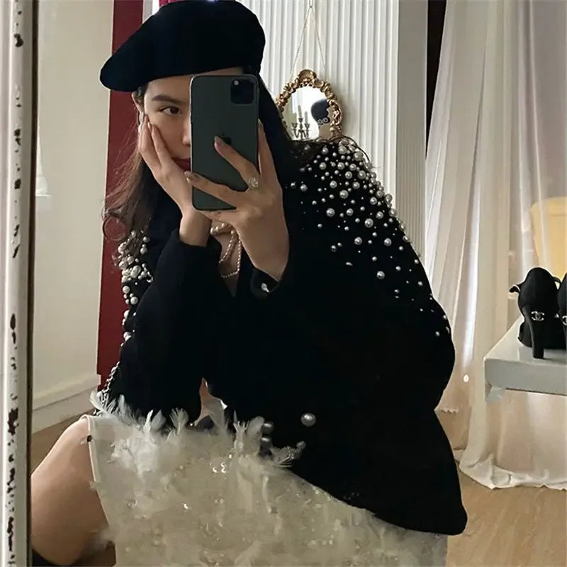 Y2k Beading Double Breasted Woolen Coat Women Slim Fit Long Sleeve Black Tops Mujer 2025 Spring Autumn New Jackets