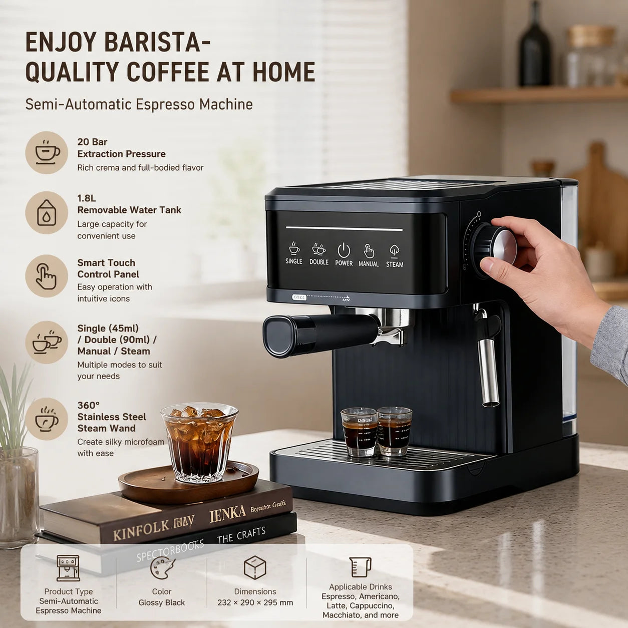 20 Bar Espresso Machine Smart Touchscreen 360° Steam Wand Cup Warmer Single Double Shot 1.8L Black | Kimlud Luxury Monitor