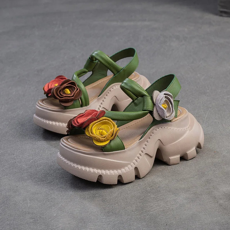 Koznoy 7cm Cow Genuine Leather Platform Wedge Women Summer Flower Slippers Pumps Hook Hollow Mary Jane Sandals Shoes Flats - Kimlud