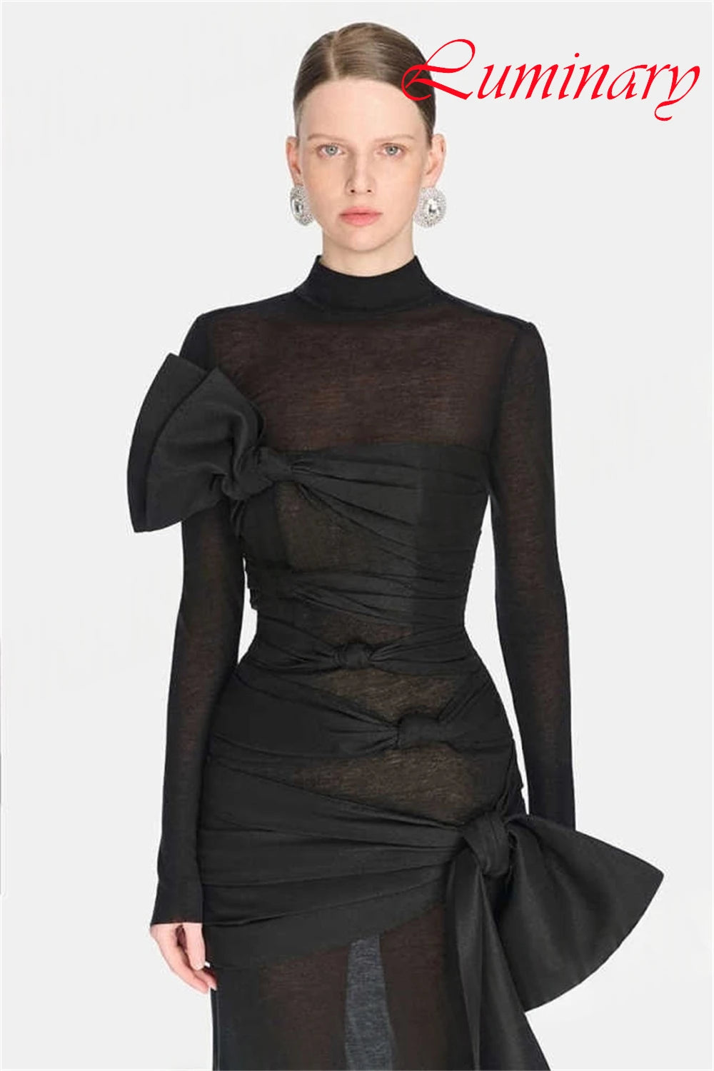 Customized Simple Chiffon Bow Evening Dress Exquisite High Collar Prom Dresses Temperament Long Sleeves Special Occasion Gowns
