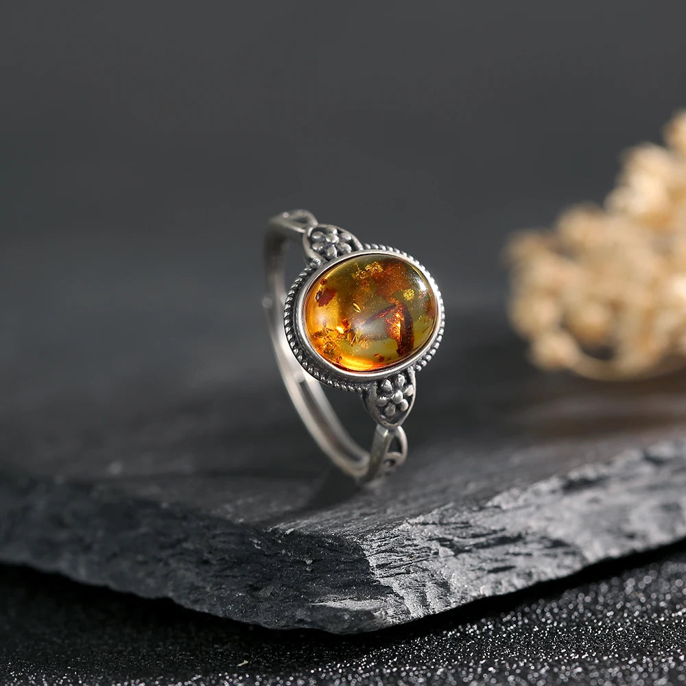 Adjustable Vintage 925 Sterling Silver Ring with Natural Amber, Retro Hollow Floral Design Gemstone Fine Jewelry for Women Man - Kimlud