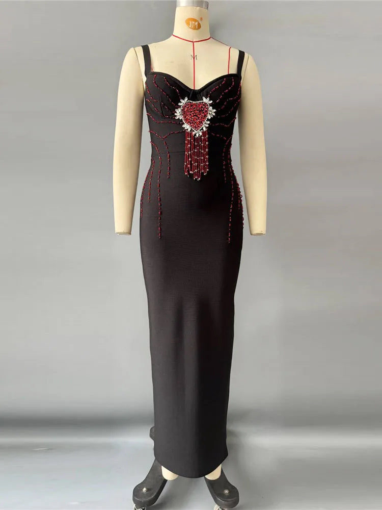 Sexy Spaghetti Strap Rhinestones Beads Tassels Bandage Dress Women Black Sleeveless Bodycon Dresses Maxi Evening Party...