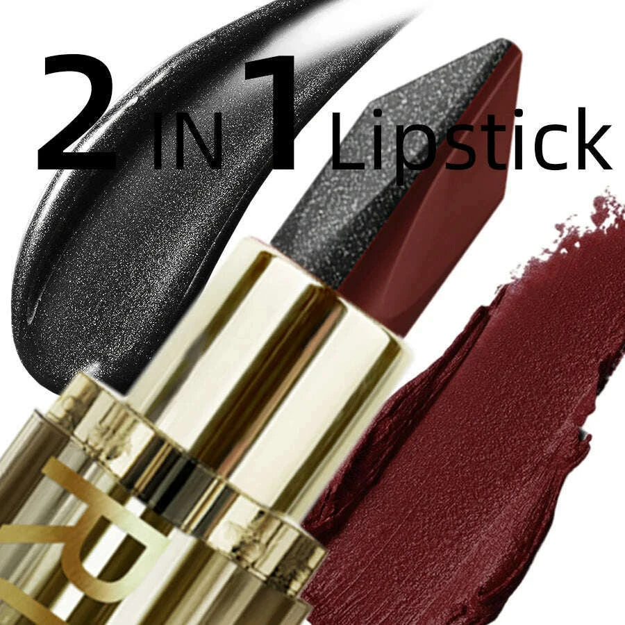 1PC Glitter Waterproof Two-tone Lipstick Matte Non-stick Pearlescent Diamond Lip Tint Red Black Brown Lips Makeup for Women Cosm