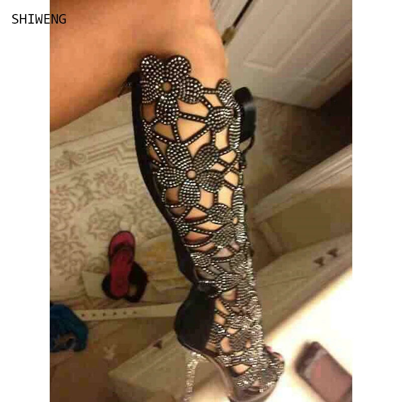 2026 Women's Rhinestone Hollow Out Knee High Boots, Peep Toe High Heel Sandals, Summer Mesh Gladiator Sandals, Crystal Stiletto