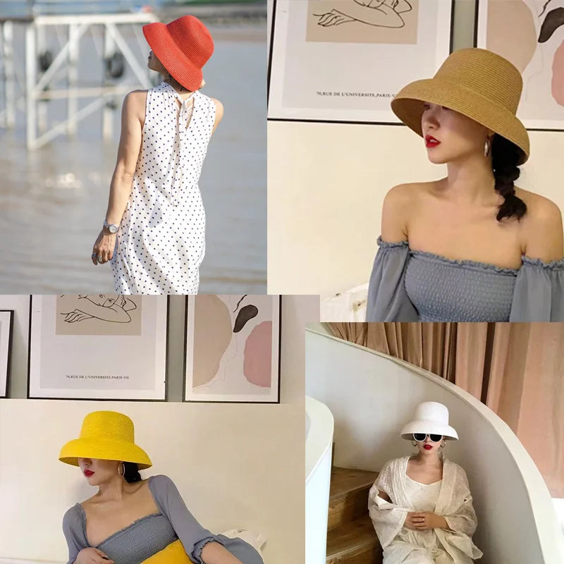 New Summer Sun Hats Ladies Solid Plain Elegant Wide Brim Hat Female Round Top Panama Floppy Straw Beach Hat Women |...