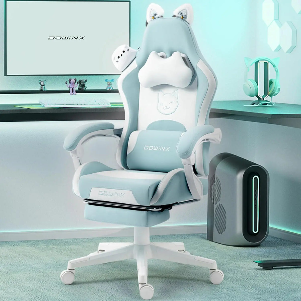 Cute Cat Ear Gaming Chair with Massage Lumbar Support, Ergonomic Reclining Computer Chair for Girls and Adults, Blue...
