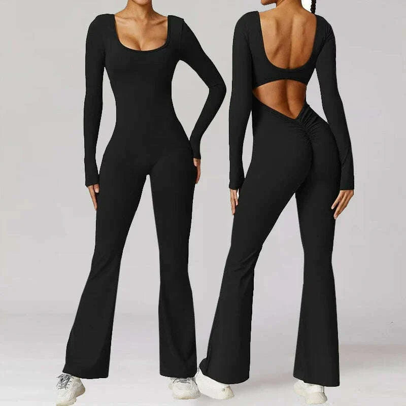 long sleeved jumpsuit U-neck tight and sexy backless jumpsuit for autumn and winter yoga sports and leisure series