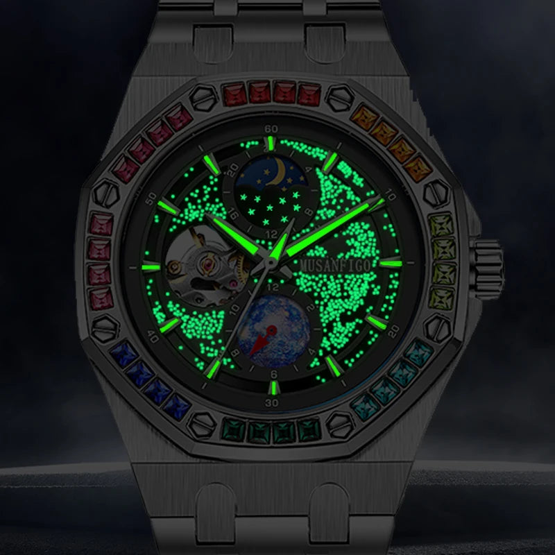Men's fully automatic mechanical watch, night glow, sun, moon, stars, hollowed out men's watc father's day gift