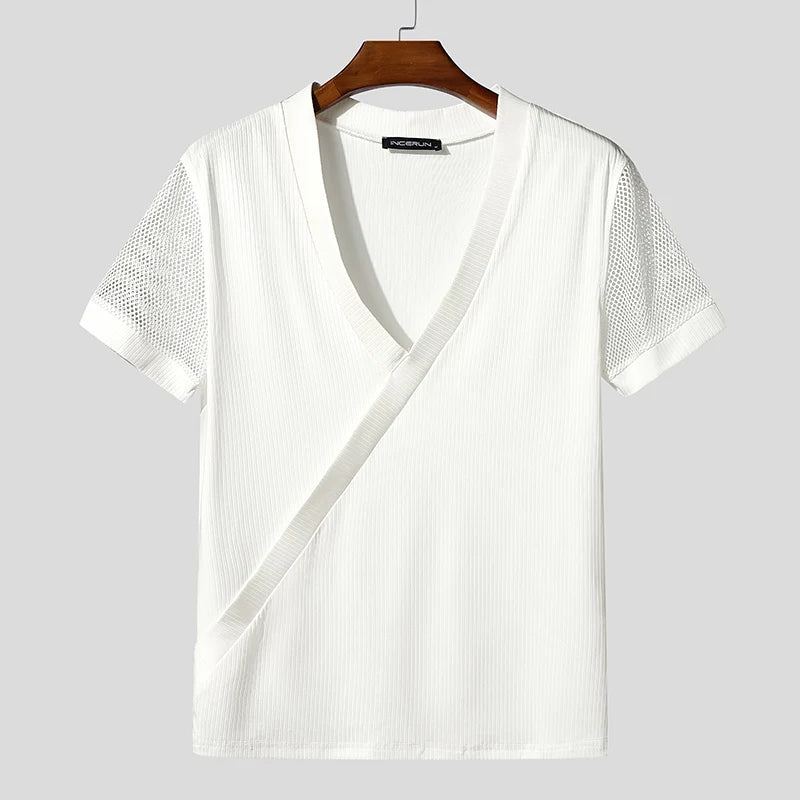 INCERUN Men T Shirt Mesh Patchwork V Neck Short Sleeve Male Tee Tops Summer Streetwear 2025 Fashion Casual Men Clothing S-5XL - Kimlud