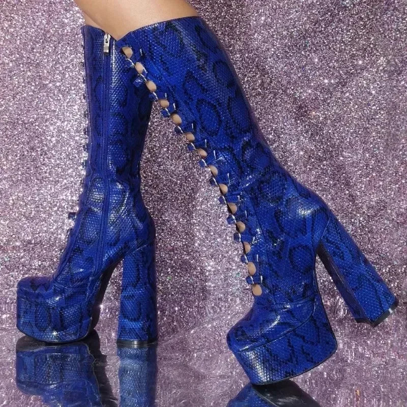 European and American High-heeled Sexy Belt Buckle Knee High Mary Jane Boots Women's Fashionable Thick Soled Banquet Shoes - Kimlud