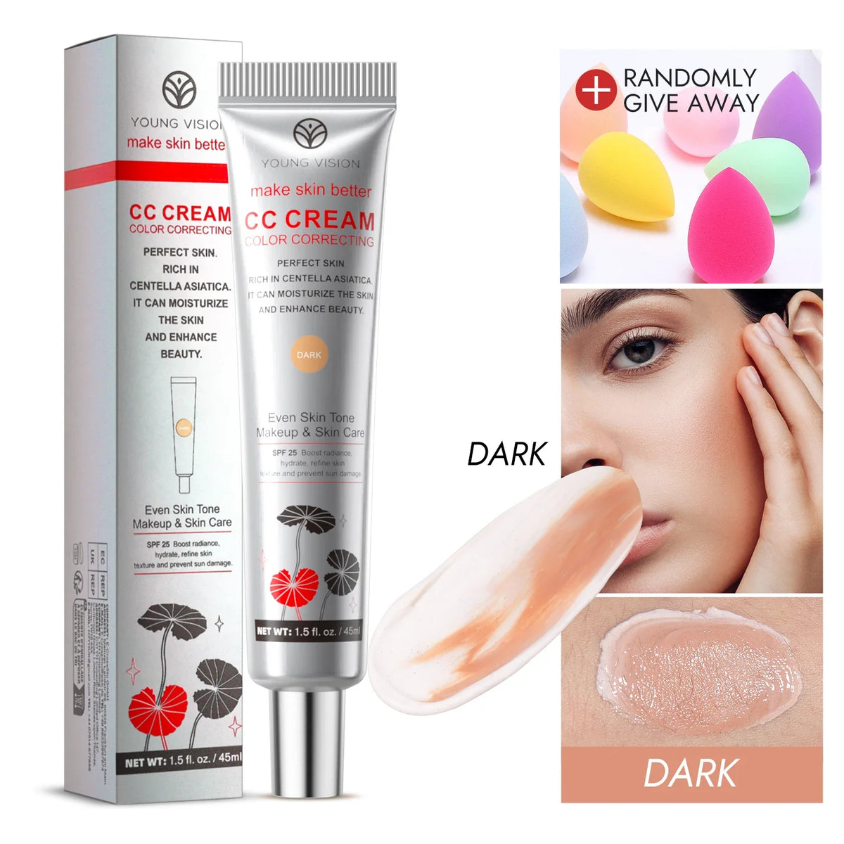 YOUNG VISION 2 Color Brightening CC Cream with Drop Puff for easy use as a makeup base and barrier cream.