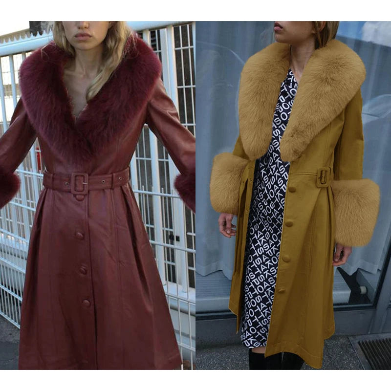 RR Slim Long Faux Leather Jackets Women Fashion Solid Buttons Coats Women Elegant Tie Belt Waist Pockets Jackets Female Ladies