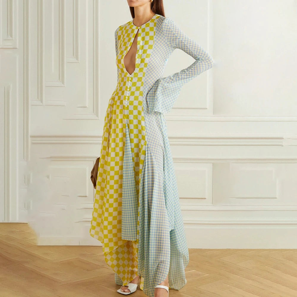 Elegant Patchwork Plaid Dinner Party Dresses Button Inserts Long Sleeves Asymmetric Vibrant Evening Gown for Performance